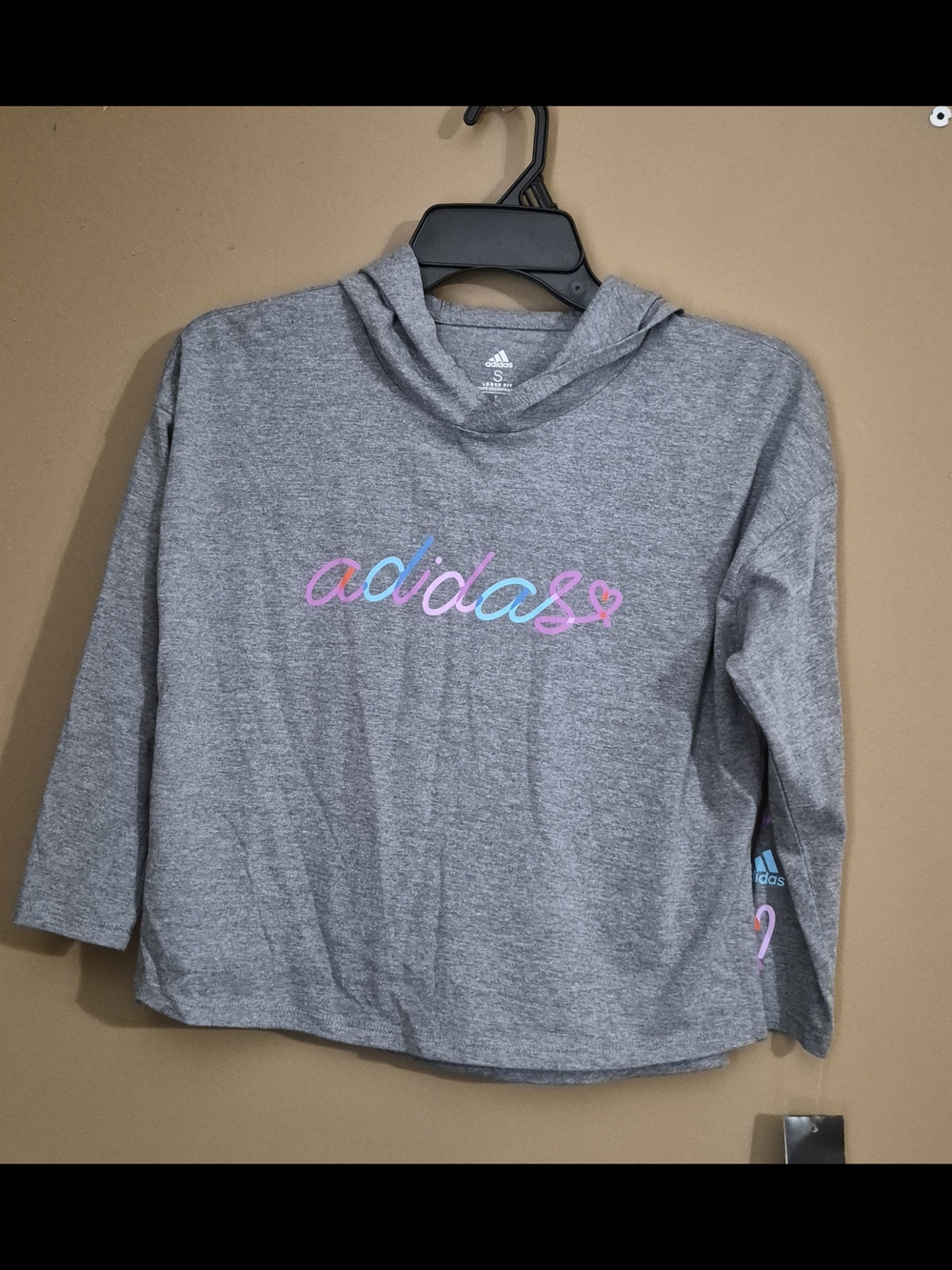 adidas Gray Hoodie with Pastel Pink & Blue Script Girl's S (7-8)